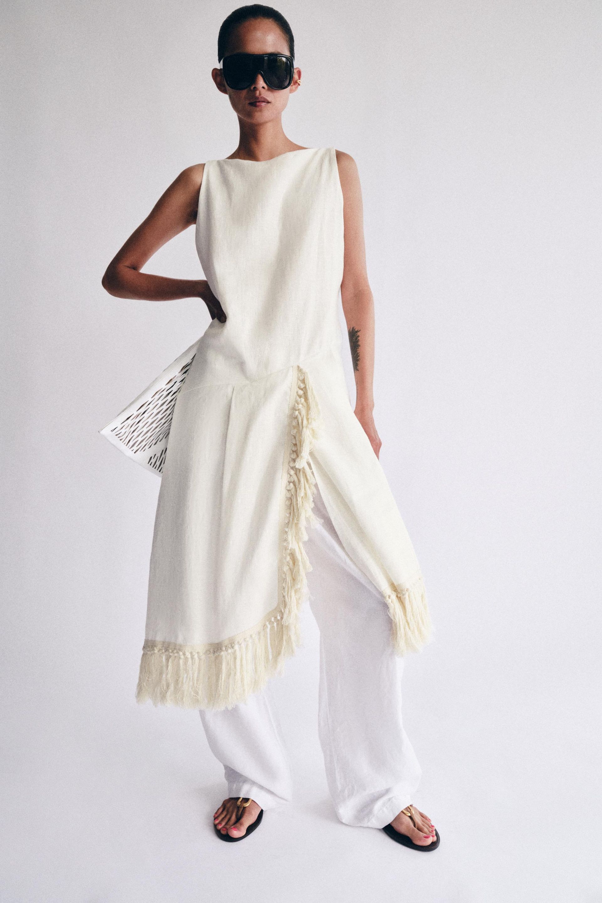 Zw Collection 100% Linen Fringed Dress