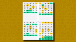 Quordle Daily Sequence answers for game 1037 on a yellow background