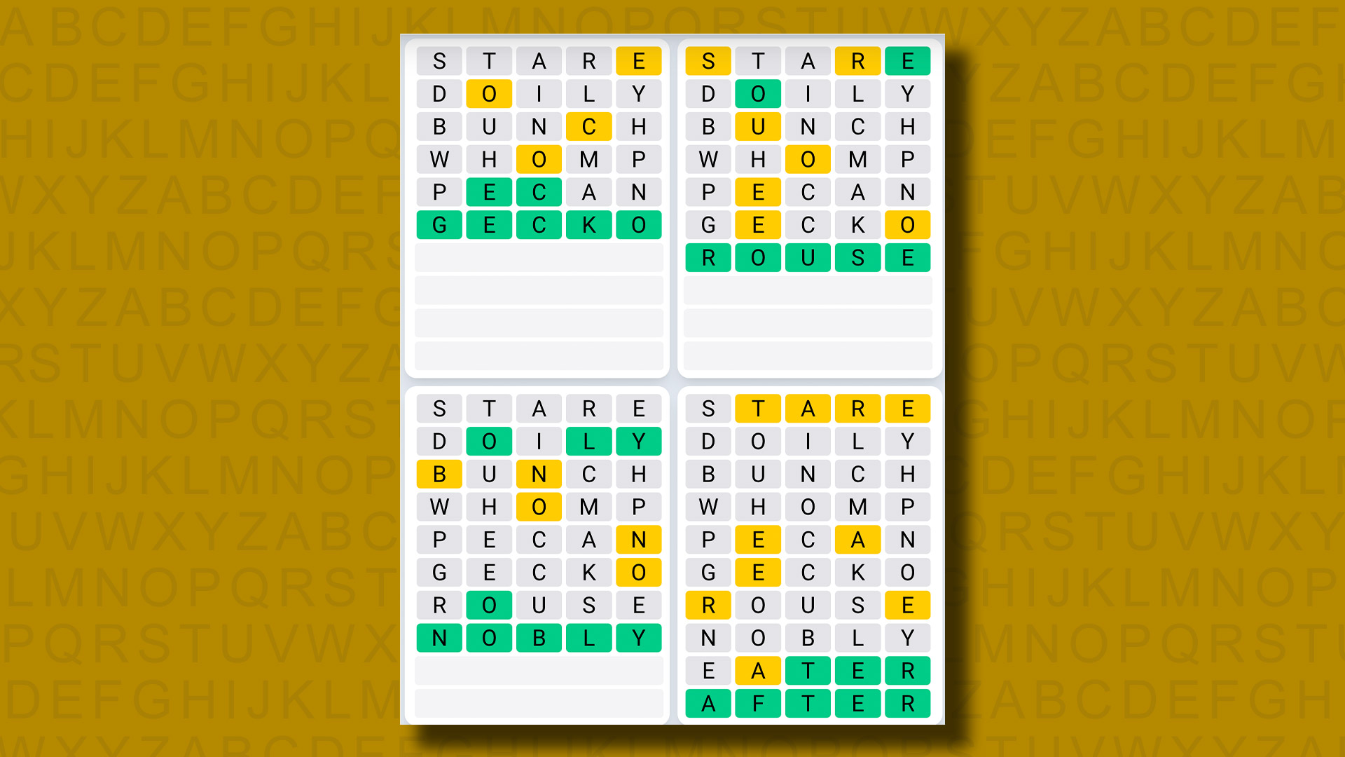 Quordle Daily Sequence answers for game 1037 on a yellow background