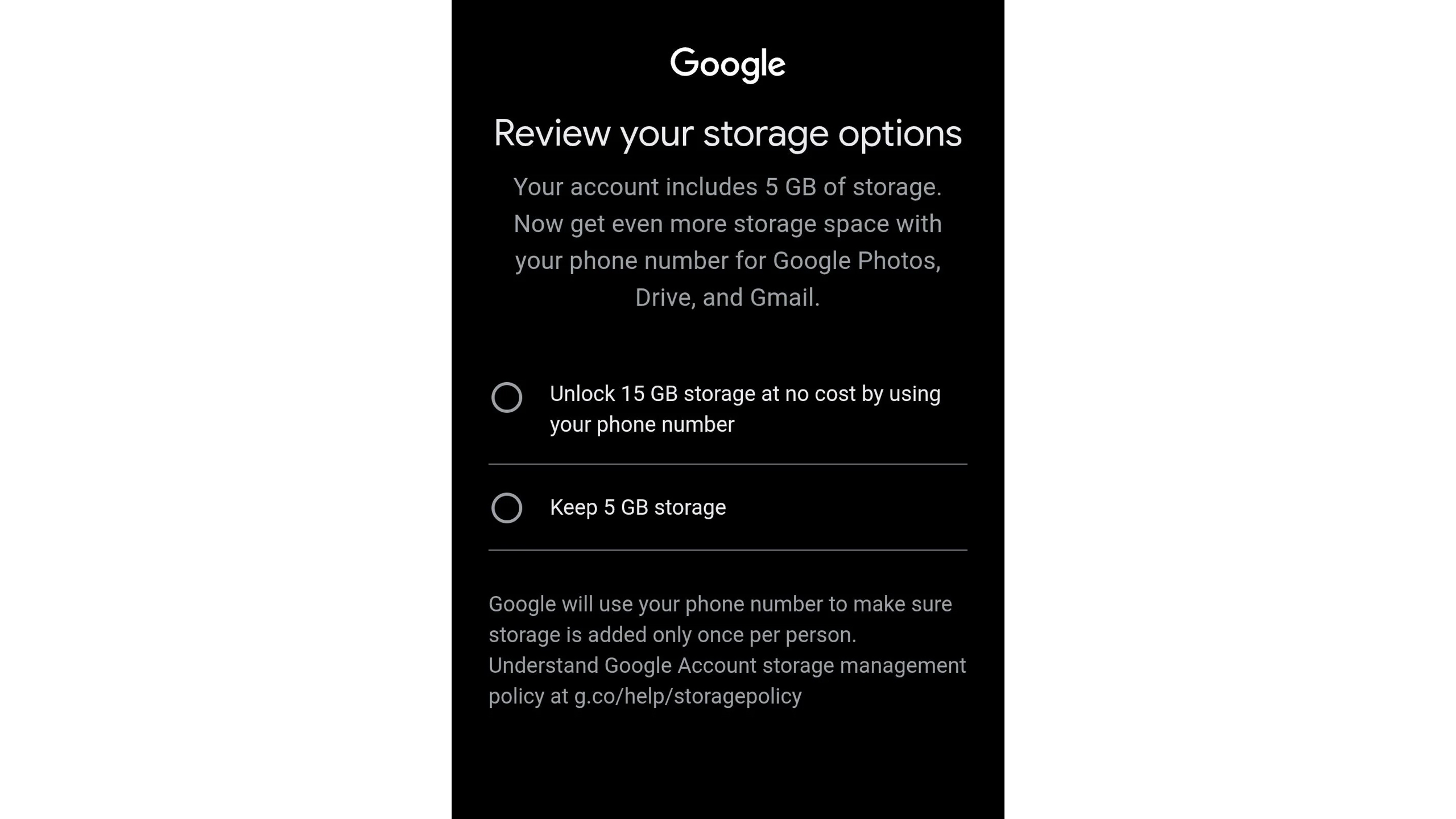 Free Google storage limited to 5GB without a phone number