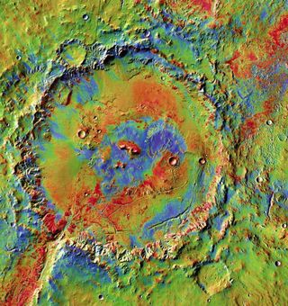 Holden crater's wide floor, shown in a newly released image, has abundant layered sediments, channels, and large piles of debris at canyon mouths. These suggest a long history of deposits by water.