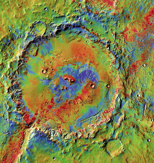 Holden crater&#039;s wide floor, shown in a newly released image, has abundant layered sediments, channels, and large piles of debris at canyon mouths. These suggest a long history of deposits by water.