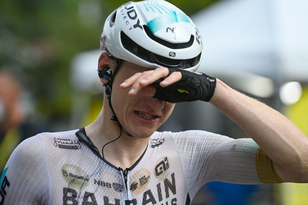 Bahrain Victorious Slovenian rider Matej Mohoric celebrates after winning the 19th stage of the 110th edition of the Tour de France cycling race 173 km between MoiransenMontagne and Poligny in the Jura department of centraleastern France on July 21 2023 Photo by Tim De Waele POOL AFP Photo by TIM DE WAELEPOOLAFP via Getty Images