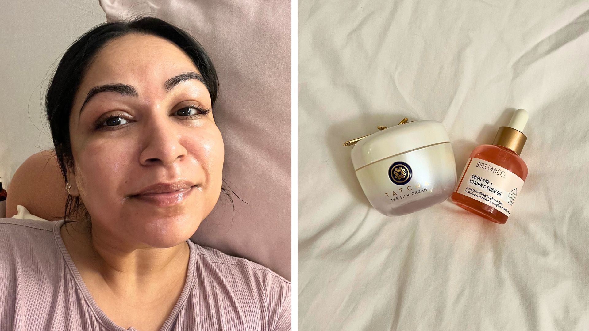 Aleesha Badkar wearing moisturiser with oil in it next to a picture of Tatcha the Silk Cream and Biossance Squalane and Vitamin C Rose Oil on a bed