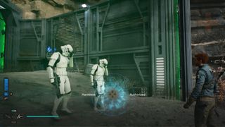 Star Wars Jedi Survivor Koboh Cal performing a mind trick on two stormtroopers behind a green laser barrier