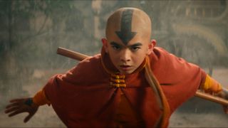Aang (Gordon Cormier) poses in costume in the Netflix Avatar: The Last Airbender show