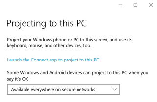 Windows 10 Settings app subsection for Projecting to this PC