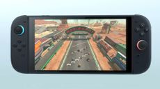 A screengrab of a Nintendo Switch 2 reveal trailer, showing the Switch 2 playing Mario Kart on a light blue background.