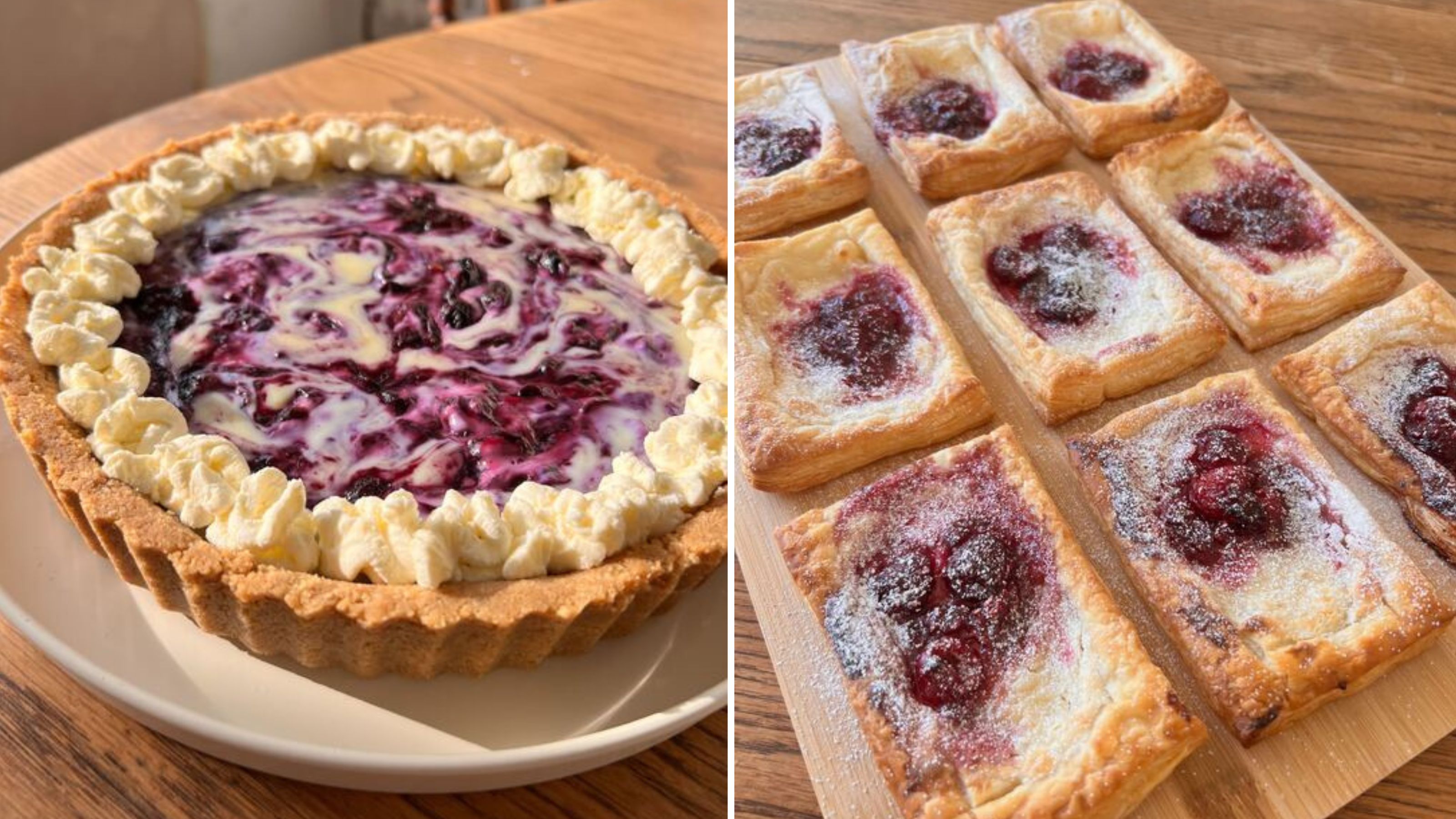 A homemade lemon and blueberry tart alongside nine homemade raspberry Danish pastries made by Layla Al-Ani.