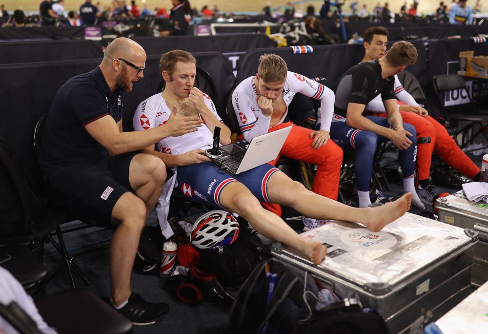Jan Van Eijden, Sprint Coach of Great Britain, Jason Kenny of Great Britain and Philip Hindes of Great Britain chat during day One of the 2018 TISSOT UCI Track Cycling World Cup