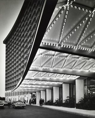 The entrance to the Century Plaza Hotel