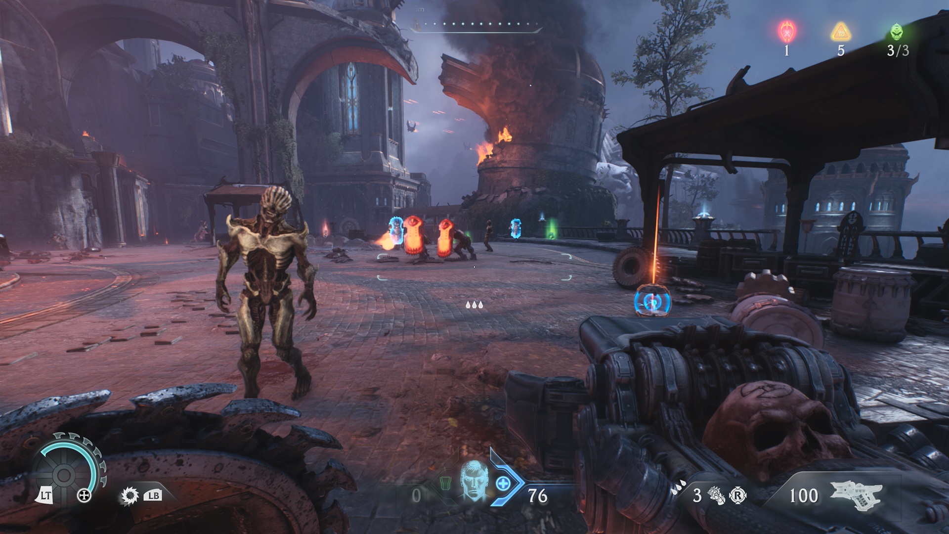 A battlefield with an approaching demon in DOOM: The Dark Ages