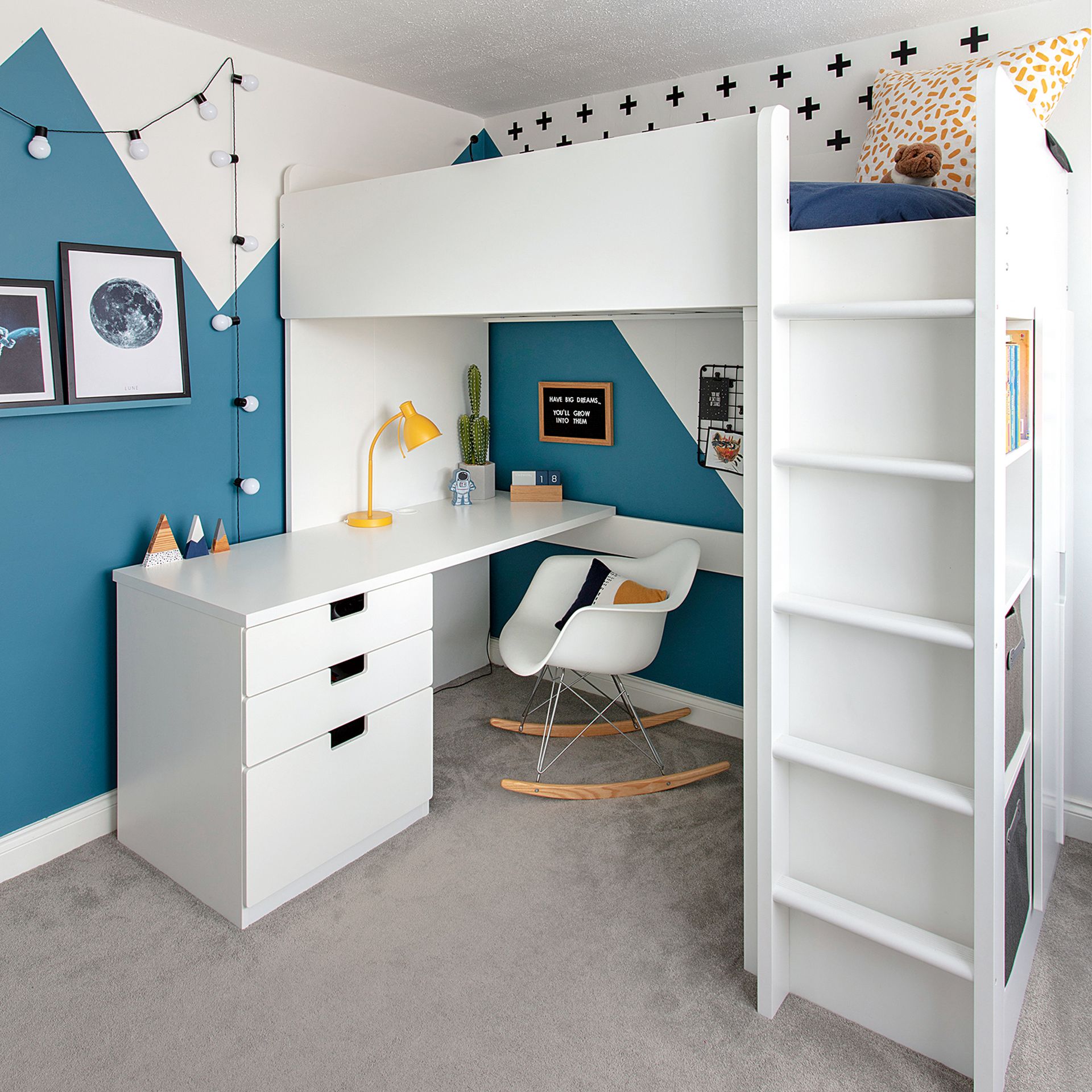 Blue bedroom with white loft bed