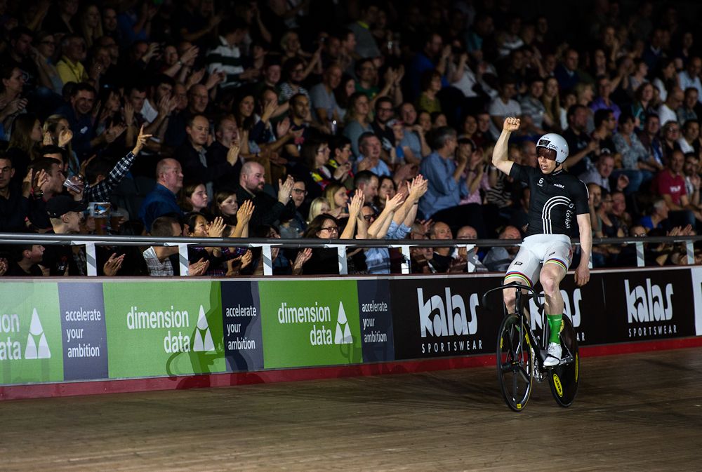 Joachim Eielers of Germany celebrates winning the sprinters at the Six Day London