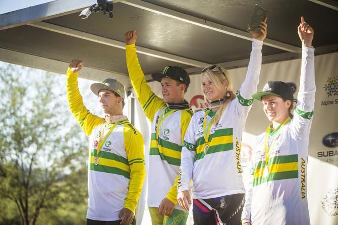 The Elite and junior downhill Australian champions on the podium