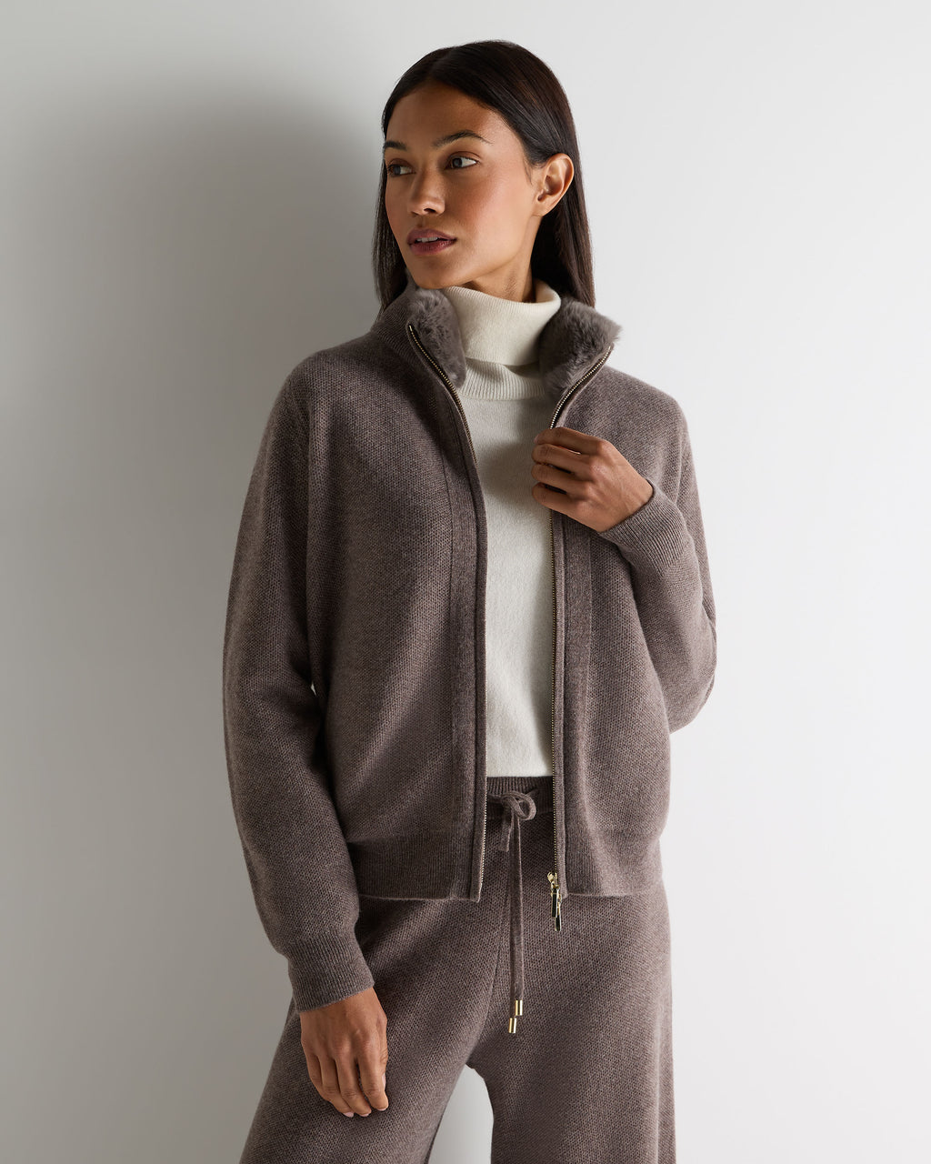 Women&#039;s Honeycomb Full Zip Cashmere Jumper With Fur Trim Otter Brown