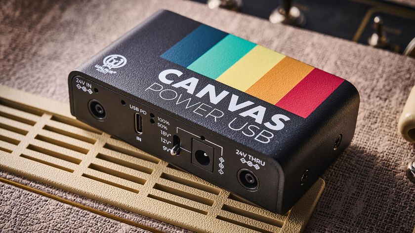 Walrus Audio Canvas Power USB: the latest in the pedal brand&#039;s pedalboard power supplies lineup is photographed against a fawn-colored Vox tube amp