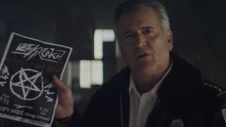 Bruce Campbell as a police chief holding a rock concert flyer with a satanic symbol in Hysteria!