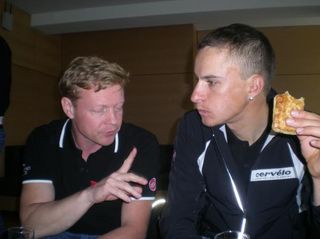 Ignatas Konovalovas talks tactics with his Cervelo Test Team sport director.