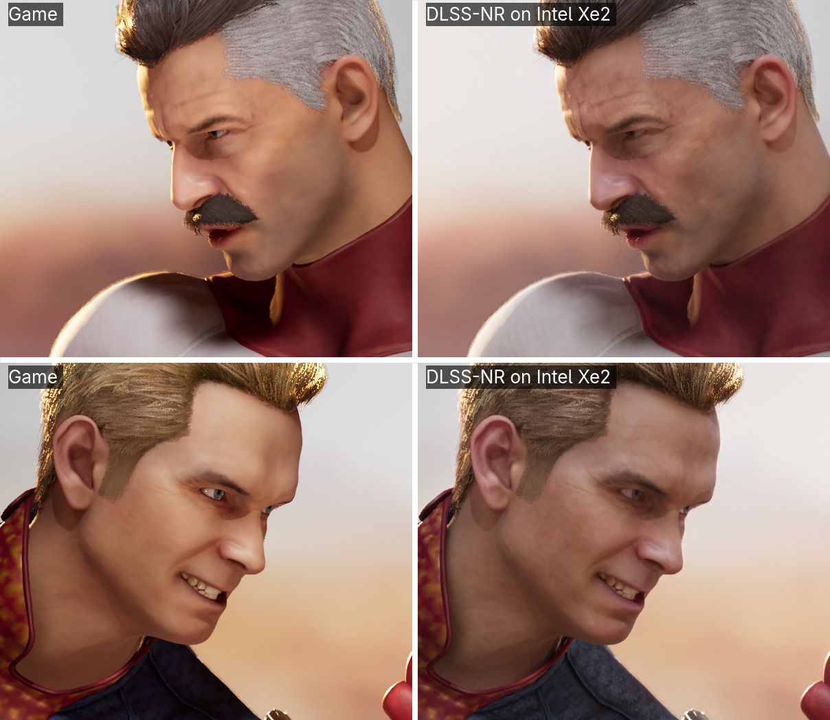 Two screenshot comparisons of Mortal Kombat 1 characters with DLSS 5 on/off.