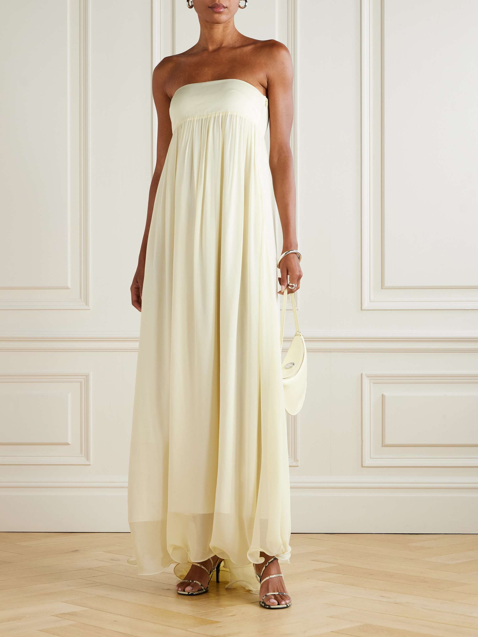 Solene Strapless Draped Shirred Crepe-Twill and Chiffon Maxi Dress