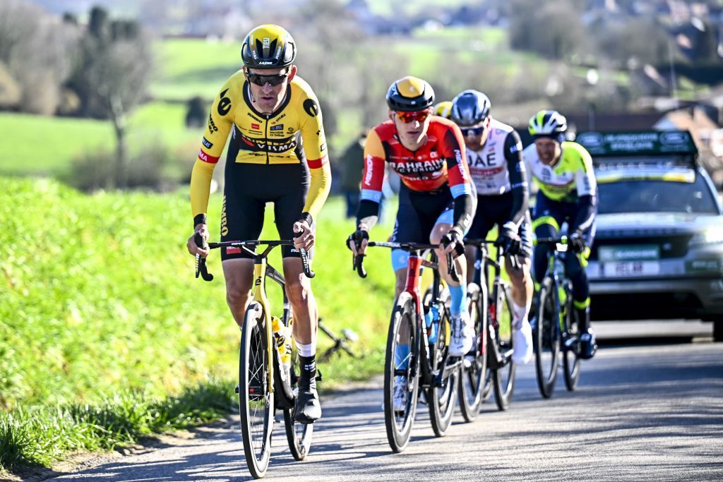 LR Belgiums Tiesj Benoot of JumboVisma Slovenias Matej Mohoric of Bahrain Victorious Belgiums Tim Wellens of UAE Team Emirates and Netherlands Taco van der Hoorn of IntermarcheCircusWanty ride during the KuurneBrusselsKuurne one day cycling race 193kms from Kuurne to Kuurne via Brussels on February 26 2023 Photo by JASPER JACOBS Belga AFP Belgium OUT Photo by JASPER JACOBSBelgaAFP via Getty Images