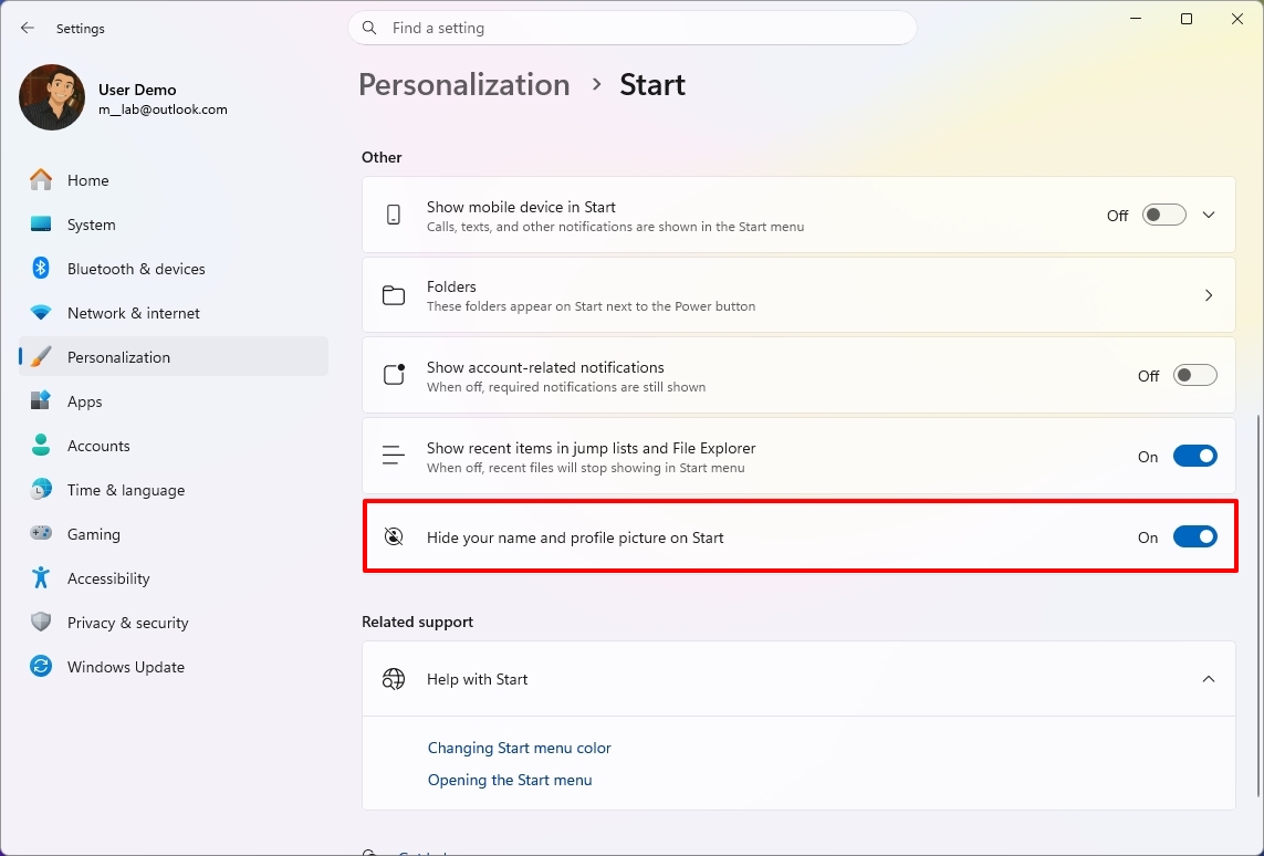 Launch the settings by highlighting the Hide your name and profile photo option in Home.