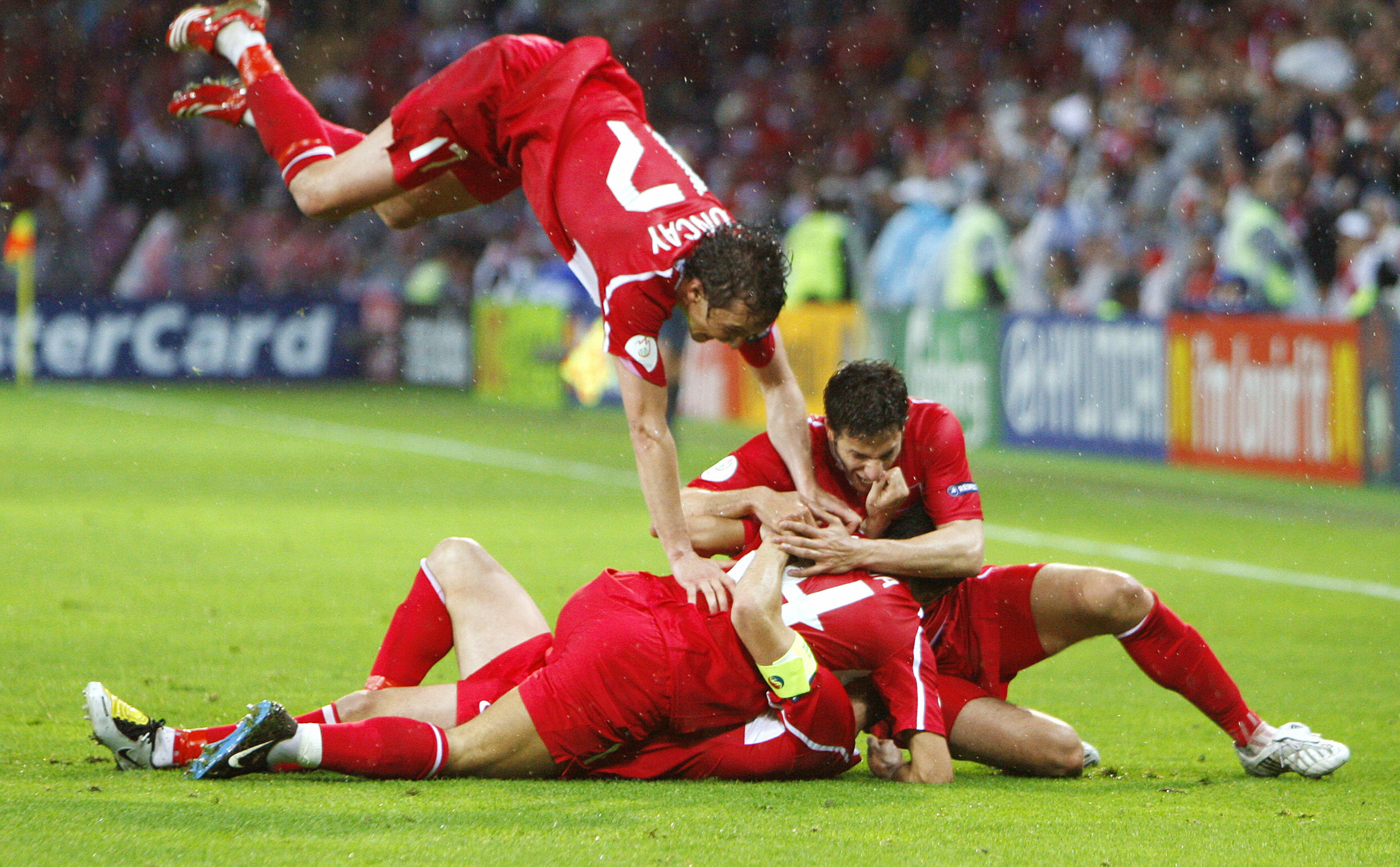 Turkey players celebrate their third goal in a 3-2 comeback win over the Czech Republic at Euro 2008.