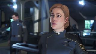 Star Citizen Squadron 42 - Gillian Anderson in a sci fi uniform on a ship