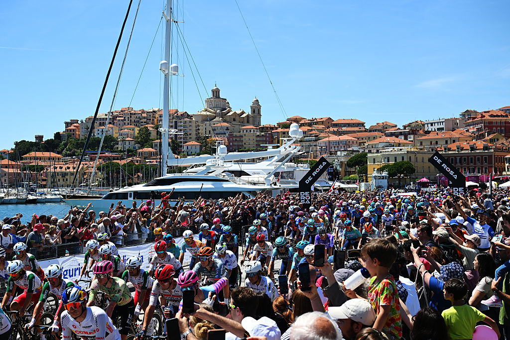 IMPERIA, ITALY - MAY 21: A general view of the peloton prior to the 109th Giro d&amp;amp;apos;Italia 2026, Stage 12 a 175km stage from Imperia to Novi Ligure / #UCIWT / on May 21, 2026 in Imperia, Italy. (Photo by Tim de Waele/Getty Images)