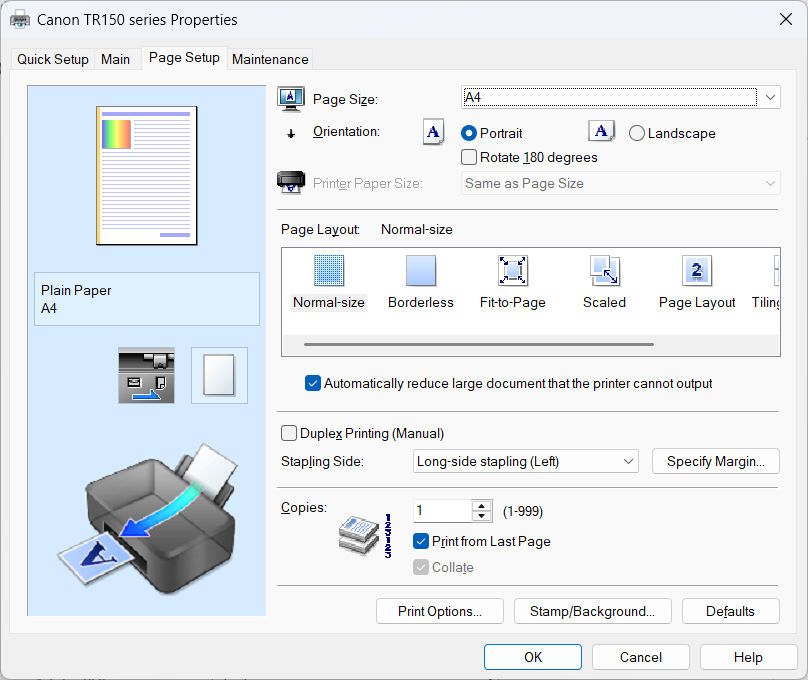 Canon Pixma TR150 Windows driver screenshots