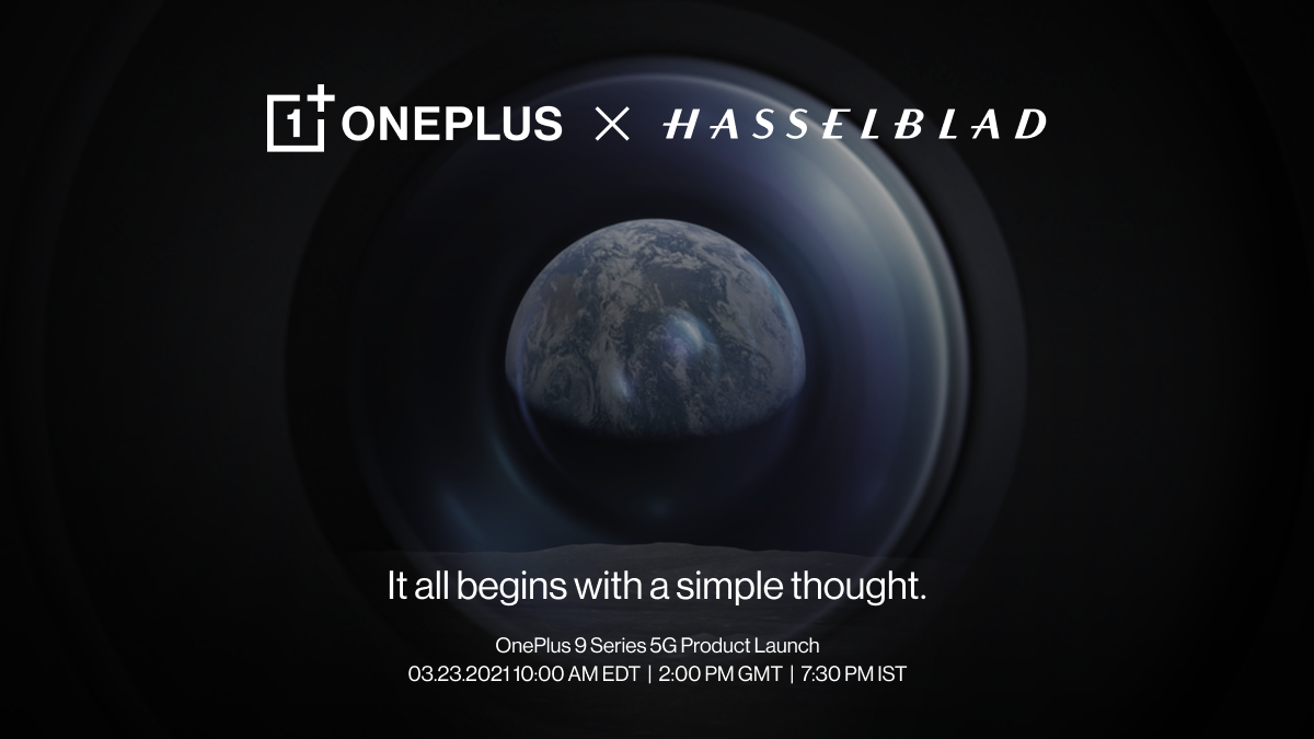 OnePlus 9 event announcement with the earth at the center of a camera lens