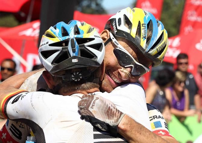 Urs Huber and Karl Platt of the Bulls celebrate after winning