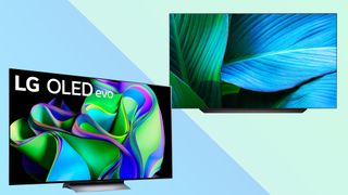 LG C4 OLED vs LG C3 OLED on a blue and green background.
