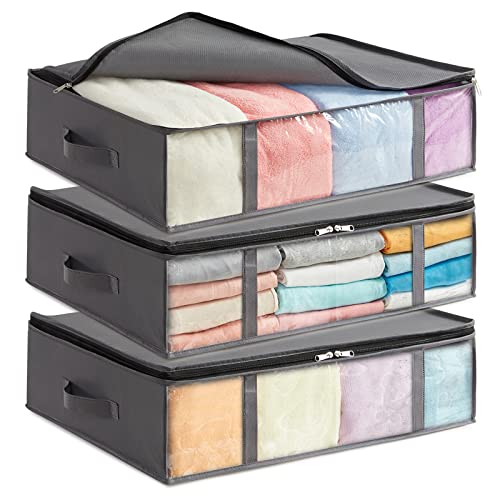 Lifewit 40l Under Bed Storage Containers 3 Pack, Foldable Clothing Storage Bags With Front Clear Window, Closet Organizers and Storage for Towels, Clothes, Blankets, Grey