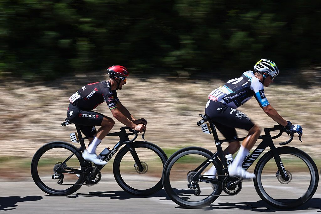Tudor Pro Cycling Team's French rider Julian Alaphilippe and Movistar Team's Spanish rider Enric Mas cycle in a breakaway during the 16th stage of the 112th edition of the Tour de France cycling race, 171.5 km between Montpellier and Mont Ventoux, southern France, on July 22, 2025. (Photo by Anne-Christine POUJOULAT / AFP) (Photo by ANNE-CHRISTINE POUJOULAT/AFP via Getty Images)