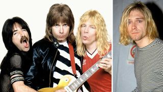 A picture of Spinal Tap posing with guitars, and a picture of Kurt Cobain looking surprised to the right
