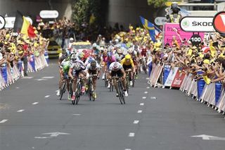 The leaders drive for the finish line on stage 13 at the 2012 Tour de France