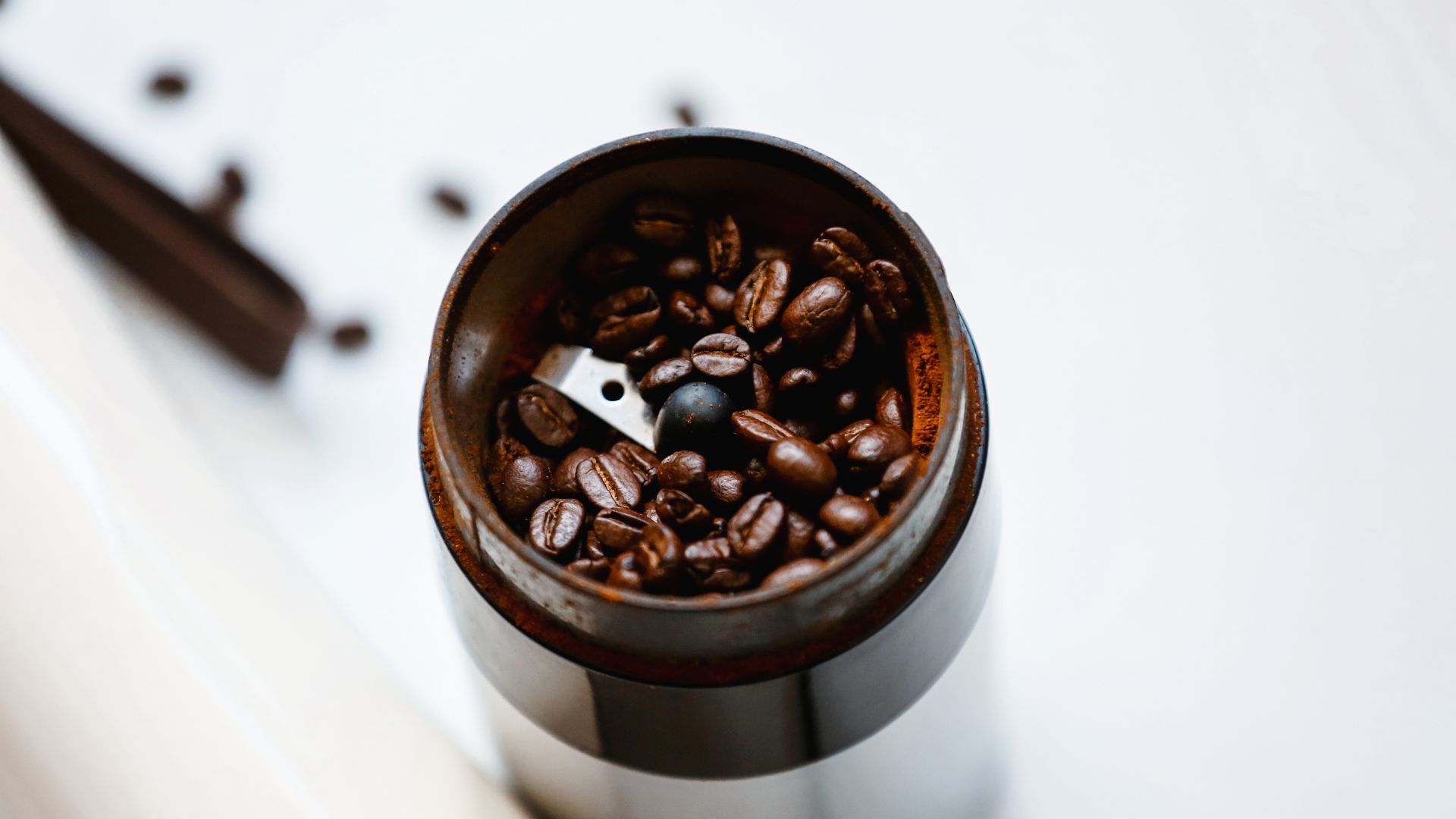 picture of an electric coffee grinder with coffee beans inside
