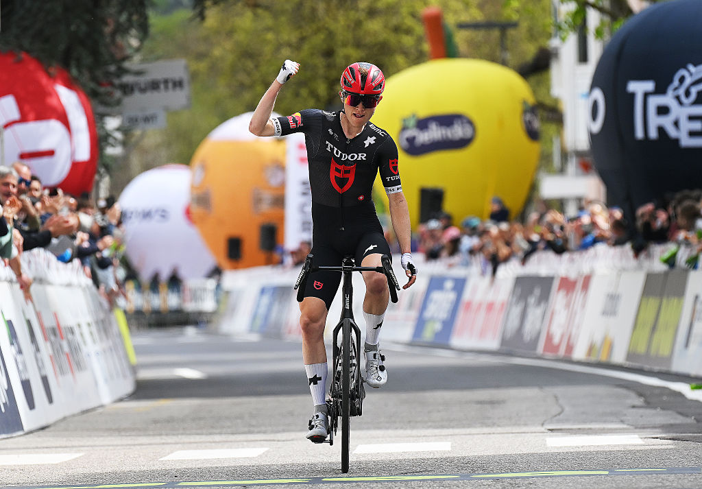 STERZING, ITALY - APRIL 22: Michael Storer of Australia and Tudor Pro Cycling Team celebrates at finish line as stage winner during the 45th Tour of the Alps 2025, Stage 2 a 178km stage from Mezzolombardo to Sterzing 948m / #UCIWT / on April 22, 2025 in Sterzing, Italy. (Photo by Tim de Waele/Getty Images)