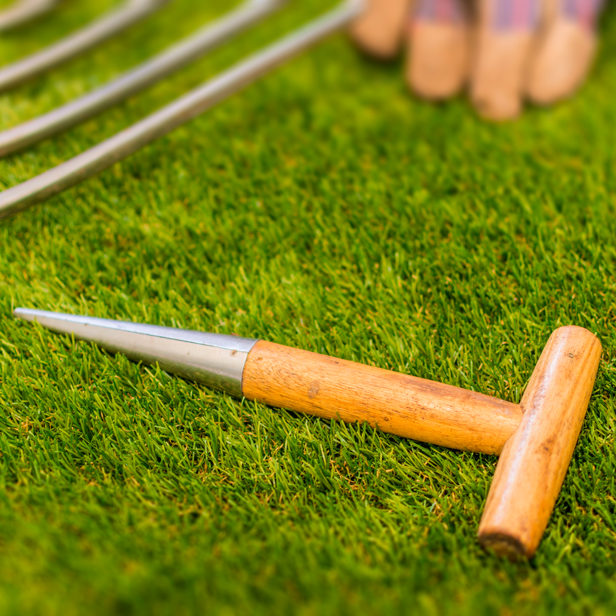 Dibble lying on grass with tools