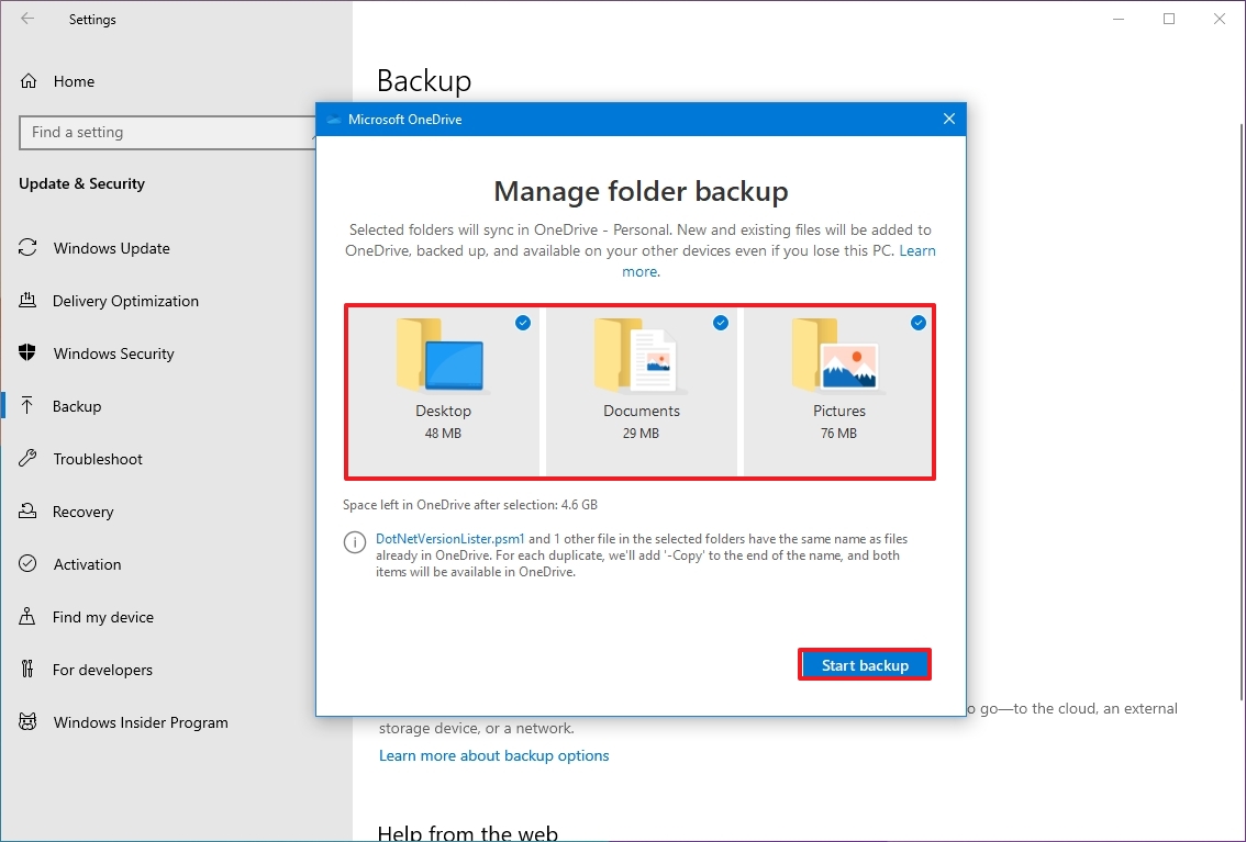 Mange folder backup on OneDrive