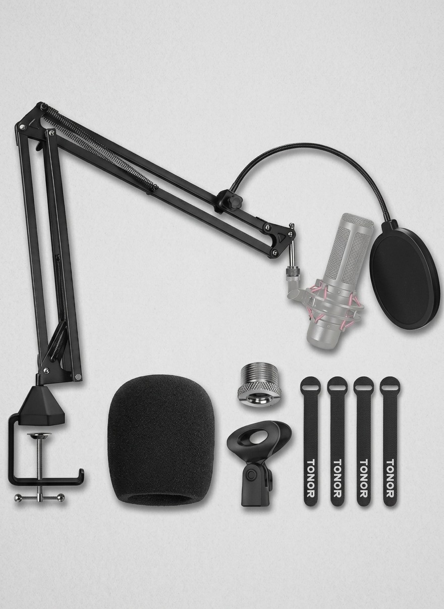 A Tonor adjustable microphone boom arm stand with pop filters on a grey background