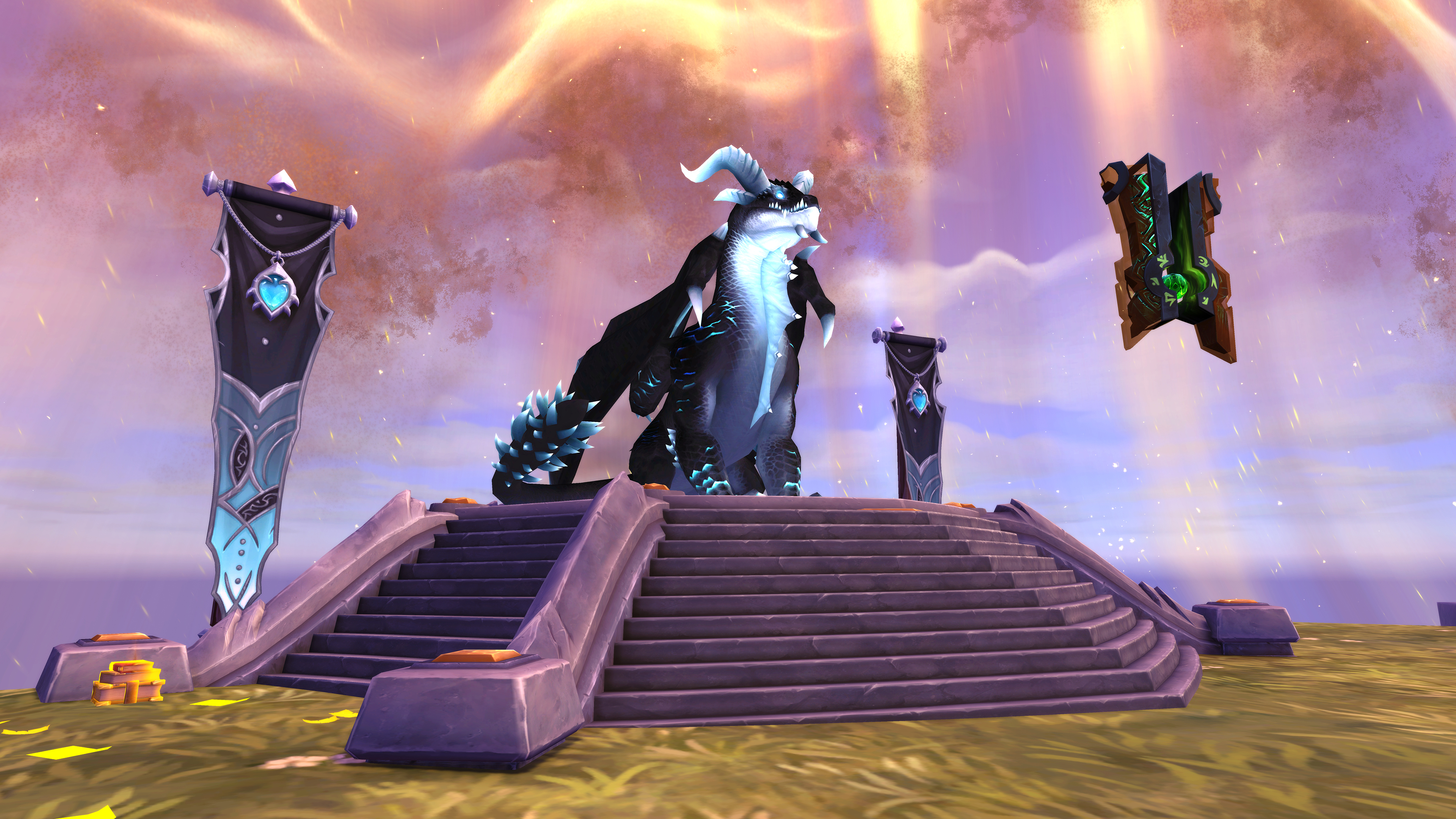 A promotional screenshot of World of Warcraft: Legion Remix. A white and black dragon sits atop a platform.