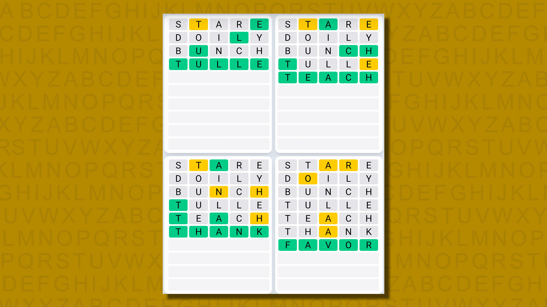 Ежедневная последовательность ответов Quordle для игры 656 на желтом фоне