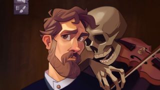 A bearded man with a violin-playing skeleton