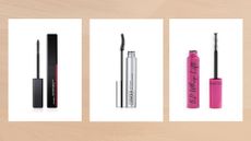 Collage of images of three of the best mascara for short lashes featured in this guide from Shiseido, Clinique and Revolution, set against a pale ochre background