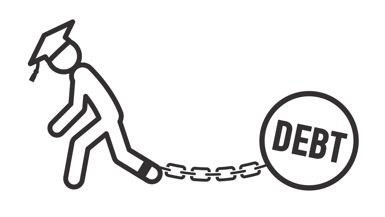 Drawing of a human figure with a ball and chain and the word &amp;quot;debt.&amp;quot;