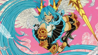 Miku flying through the air with a golden sword and armour