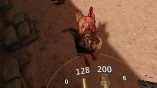 An Arizona Sunshine 2 screenshot of Buddy the dog holding a zombie head in his mouth